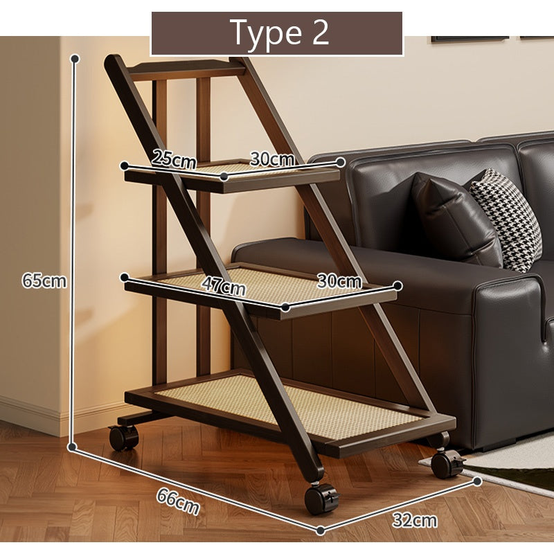 折りたたみサイドワゴン・キャスター付き・収納ワゴン・ラタン調天板・竹製・多機能ワゴン・2段/3段タイプ・ウォルナットカラー・おしゃれ・キッチンワゴン・ブックワゴン・サイドテーブル・コンパクト収納