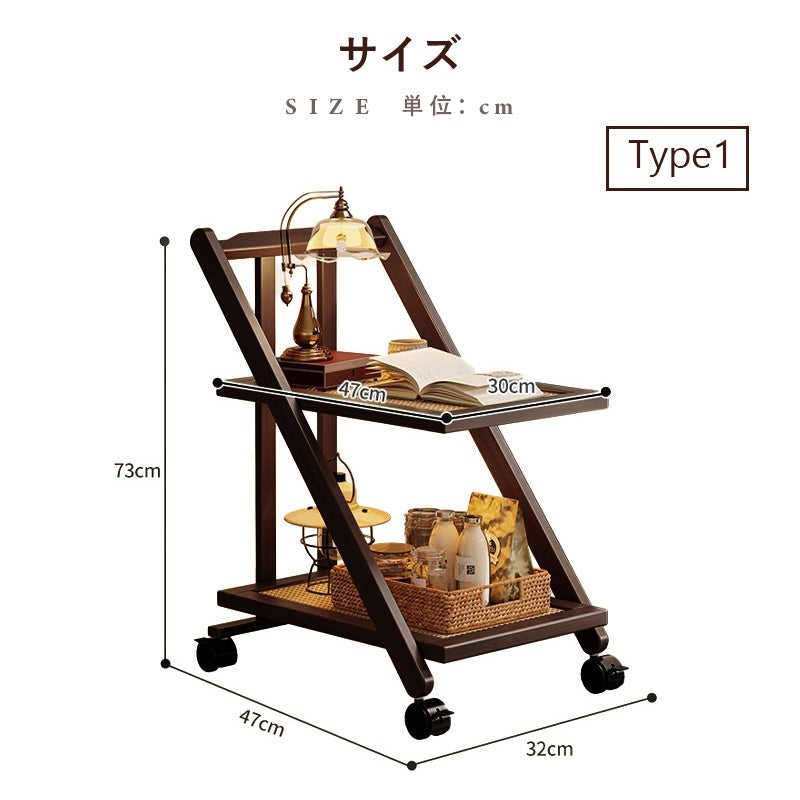 折りたたみサイドワゴン・キャスター付き・収納ワゴン・ラタン調天板・竹製・多機能ワゴン・2段/3段タイプ・ウォルナットカラー・おしゃれ・キッチンワゴン・ブックワゴン・サイドテーブル・コンパクト収納