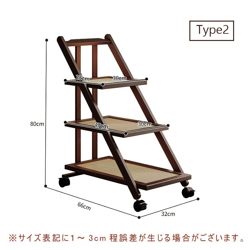 折りたたみサイドワゴン・キャスター付き・収納ワゴン・ラタン調天板・竹製・多機能ワゴン・2段/3段タイプ・ウォルナットカラー・おしゃれ・キッチンワゴン・ブックワゴン・サイドテーブル・コンパクト収納