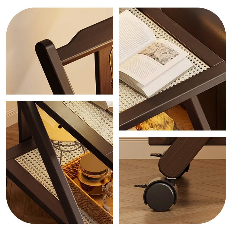 折りたたみサイドワゴン・キャスター付き・収納ワゴン・ラタン調天板・竹製・多機能ワゴン・2段/3段タイプ・ウォルナットカラー・おしゃれ・キッチンワゴン・ブックワゴン・サイドテーブル・コンパクト収納