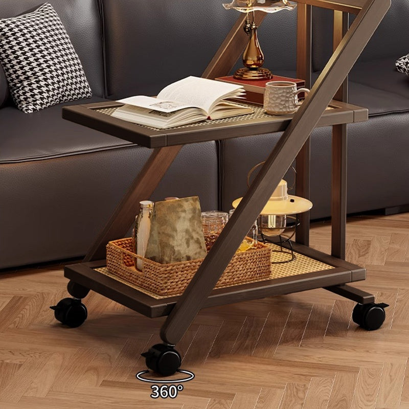 折りたたみサイドワゴン・キャスター付き・収納ワゴン・ラタン調天板・竹製・多機能ワゴン・2段/3段タイプ・ウォルナットカラー・おしゃれ・キッチンワゴン・ブックワゴン・サイドテーブル・コンパクト収納