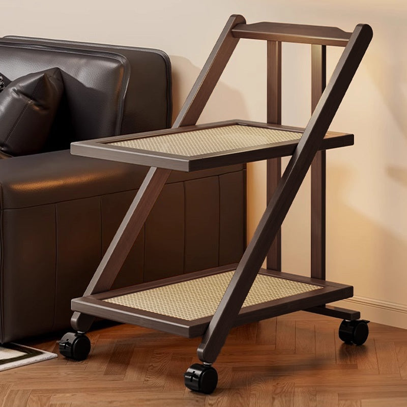 折りたたみサイドワゴン・キャスター付き・収納ワゴン・ラタン調天板・竹製・多機能ワゴン・2段/3段タイプ・ウォルナットカラー・おしゃれ・キッチンワゴン・ブックワゴン・サイドテーブル・コンパクト収納