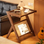 Casaconer | サイドテーブル・Z字フレーム・竹製・アクリル天板・ラタン調収納付き・ミニテーブル・おしゃれ・ナイトテーブル・ブックスタンド・幅45cm/55cm・ウォルナットカラー・コンパクト・サイドワゴン・リビング・寝室用