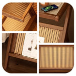 Casaconer | サイドテーブル・Z字フレーム・竹製・アクリル天板・ラタン調収納付き・ミニテーブル・おしゃれ・ナイトテーブル・ブックスタンド・幅45cm/55cm・ウォルナットカラー・コンパクト・サイドワゴン・リビング・寝室用