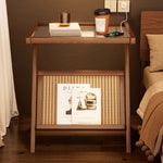 Casaconer | サイドテーブル・Z字フレーム・竹製・アクリル天板・ラタン調収納付き・ミニテーブル・おしゃれ・ナイトテーブル・ブックスタンド・幅45cm/55cm・ウォルナットカラー・コンパクト・サイドワゴン・リビング・寝室用