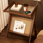 Casaconer | サイドテーブル・Z字フレーム・竹製・アクリル天板・ラタン調収納付き・ミニテーブル・おしゃれ・ナイトテーブル・ブックスタンド・幅45cm/55cm・ウォルナットカラー・コンパクト・サイドワゴン・リビング・寝室用