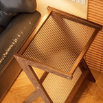 Casaconer | サイドテーブル・Z字フレーム・竹製・アクリル天板・ラタン調収納付き・ミニテーブル・おしゃれ・ナイトテーブル・ブックスタンド・幅45cm/55cm・ウォルナットカラー・コンパクト・サイドワゴン・リビング・寝室用