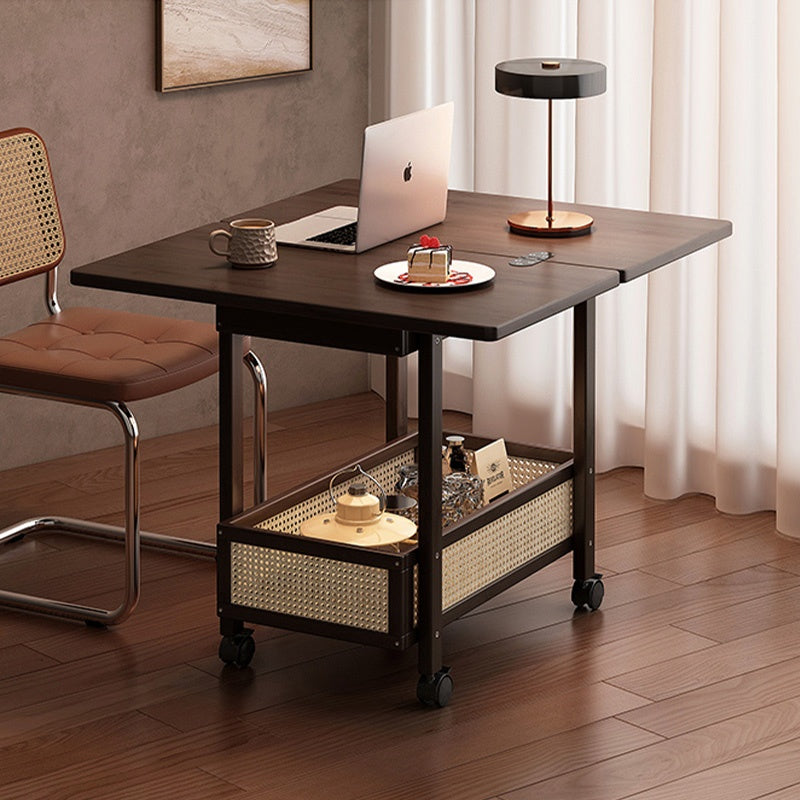 Casaconer | 折りたたみサイドテーブル・キャスター付き・拡張天板・ラタン調収納付き・ワゴンテーブル・センターテーブル・竹製・幅66cm・高さ65cm・ウォルナットカラー・多機能・おしゃれ・コンパクト収納