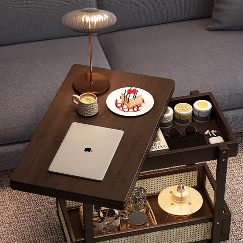 Casaconer | 折りたたみサイドテーブル・キャスター付き・拡張天板・ラタン調収納付き・ワゴンテーブル・センターテーブル・竹製・幅66cm・高さ65cm・ウォルナットカラー・多機能・おしゃれ・コンパクト収納