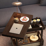 Casaconer | 折りたたみサイドテーブル・キャスター付き・拡張天板・ラタン調収納付き・ワゴンテーブル・センターテーブル・竹製・幅66cm・高さ65cm・ウォルナットカラー・多機能・おしゃれ・コンパクト収納