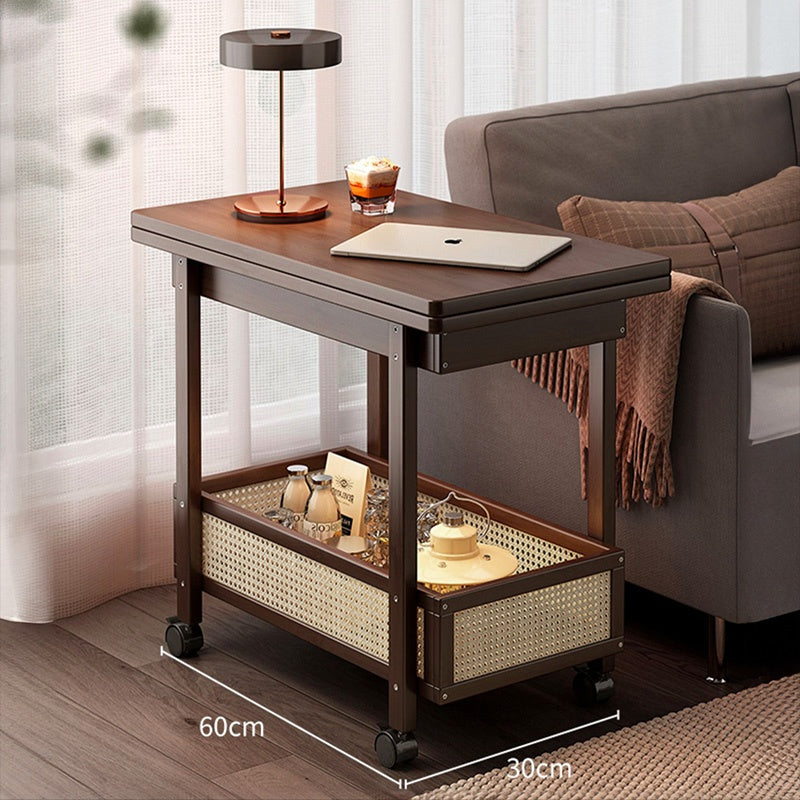 Casaconer | 折りたたみサイドテーブル・キャスター付き・拡張天板・ラタン調収納付き・ワゴンテーブル・センターテーブル・竹製・幅66cm・高さ65cm・ウォルナットカラー・多機能・おしゃれ・コンパクト収納