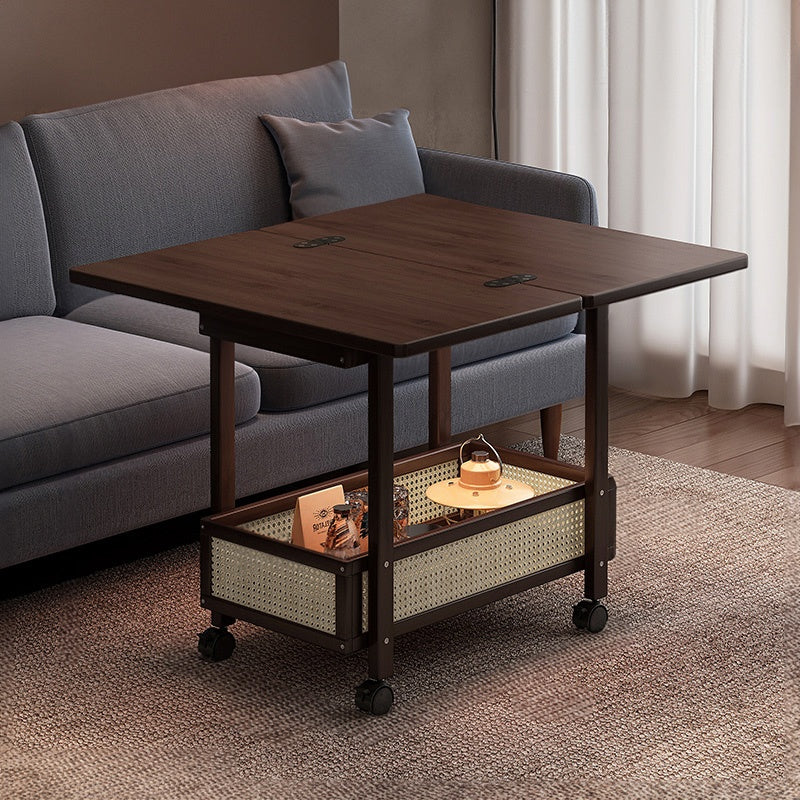 Casaconer | 折りたたみサイドテーブル・キャスター付き・拡張天板・ラタン調収納付き・ワゴンテーブル・センターテーブル・竹製・幅66cm・高さ65cm・ウォルナットカラー・多機能・おしゃれ・コンパクト収納