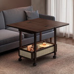 Casaconer | 折りたたみサイドテーブル・キャスター付き・拡張天板・ラタン調収納付き・ワゴンテーブル・センターテーブル・竹製・幅66cm・高さ65cm・ウォルナットカラー・多機能・おしゃれ・コンパクト収納