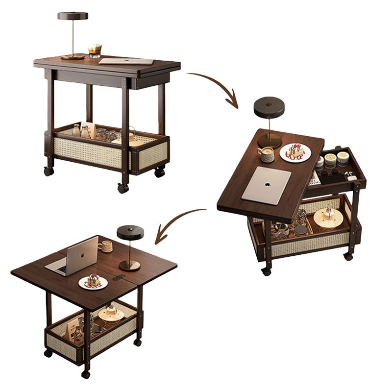 Casaconer | 折りたたみサイドテーブル・キャスター付き・拡張天板・ラタン調収納付き・ワゴンテーブル・センターテーブル・竹製・幅66cm・高さ65cm・ウォルナットカラー・多機能・おしゃれ・コンパクト収納