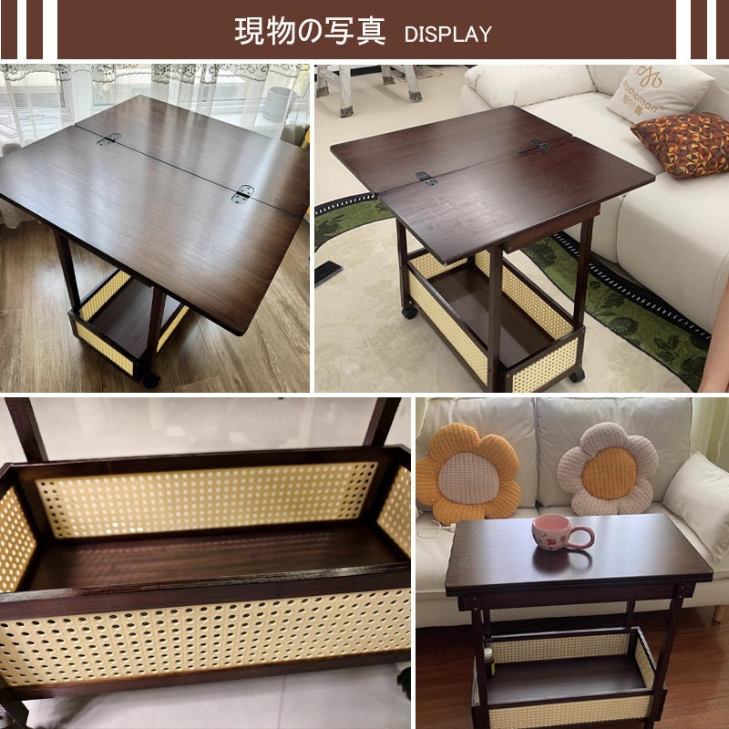 Casaconer | 折りたたみサイドテーブル・キャスター付き・拡張天板・ラタン調収納付き・ワゴンテーブル・センターテーブル・竹製・幅66cm・高さ65cm・ウォルナットカラー・多機能・おしゃれ・コンパクト収納