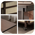 Casaconer | 折りたたみサイドテーブル・キャスター付き・拡張天板・ラタン調収納付き・ワゴンテーブル・センターテーブル・竹製・幅66cm・高さ65cm・ウォルナットカラー・多機能・おしゃれ・コンパクト収納