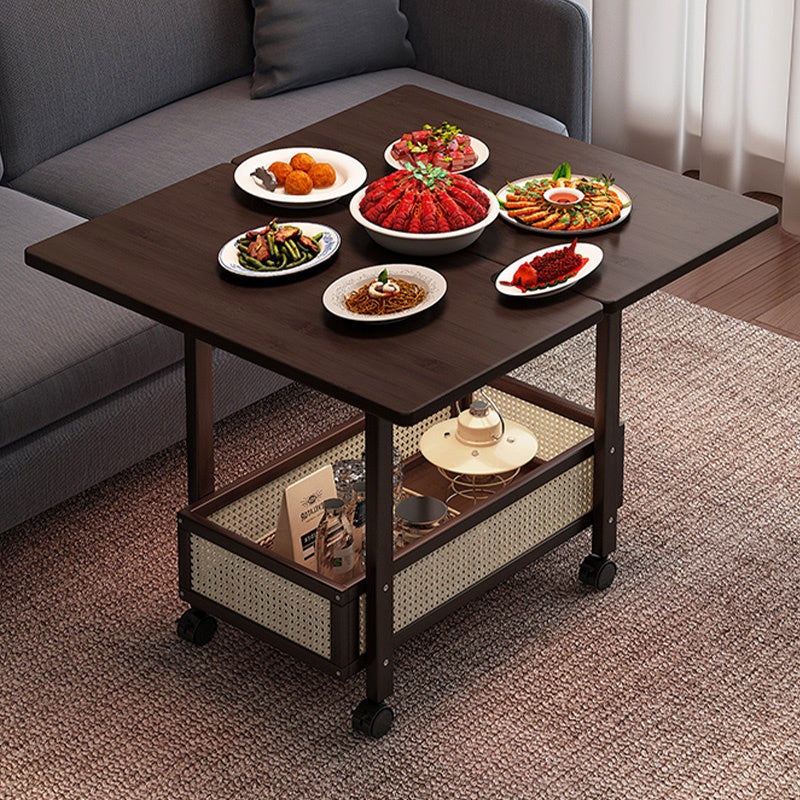 Casaconer | 折りたたみサイドテーブル・キャスター付き・拡張天板・ラタン調収納付き・ワゴンテーブル・センターテーブル・竹製・幅66cm・高さ65cm・ウォルナットカラー・多機能・おしゃれ・コンパクト収納