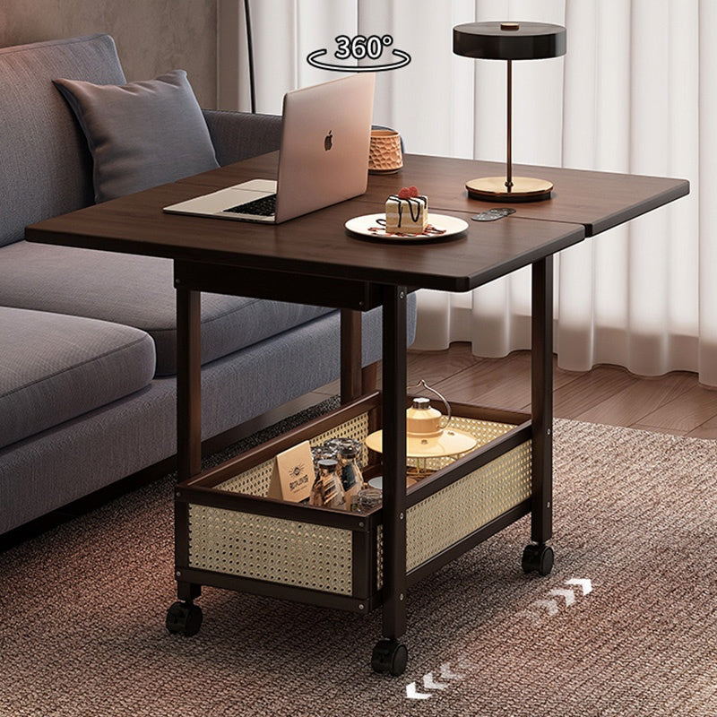 Casaconer | 折りたたみサイドテーブル・キャスター付き・拡張天板・ラタン調収納付き・ワゴンテーブル・センターテーブル・竹製・幅66cm・高さ65cm・ウォルナットカラー・多機能・おしゃれ・コンパクト収納