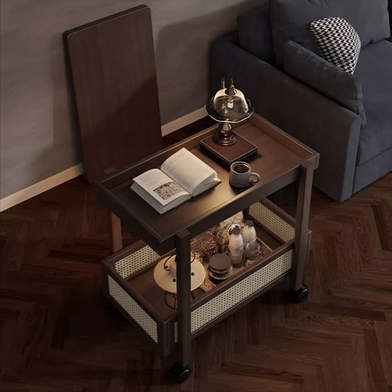 Casaconer | 折りたたみサイドテーブル・キャスター付き・拡張天板・ラタン調収納付き・ワゴンテーブル・センターテーブル・竹製・幅66cm・高さ65cm・ウォルナットカラー・多機能・おしゃれ・コンパクト収納