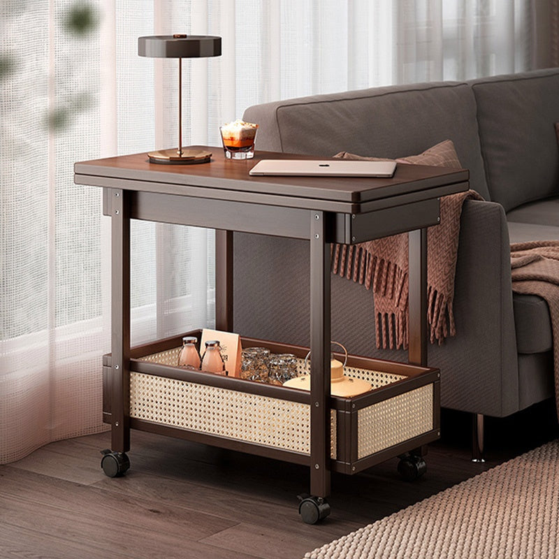 Casaconer | 折りたたみサイドテーブル・キャスター付き・拡張天板・ラタン調収納付き・ワゴンテーブル・センターテーブル・竹製・幅66cm・高さ65cm・ウォルナットカラー・多機能・おしゃれ・コンパクト収納