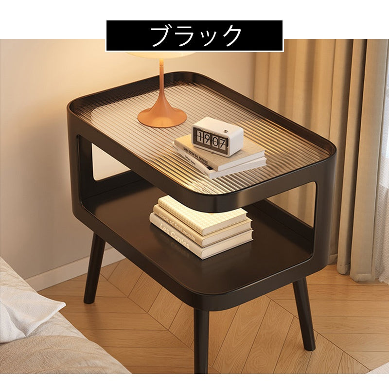 スチール製 ナイトテーブル 幅50cm ガラス天板 ベッドサイドテーブル 小型 サイドテーブル 置きラック 白 ホワイト White 黒 ブラック Black 省スペース 寝室用 高級感 かわいい