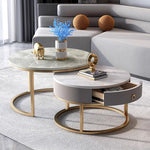 Casaconer | テーブル・ローテーブル・ネストテーブル・センターテーブル・丸・2個セット・セラミックテーブル・入れ子式・幅60cm・幅45cm・グレー・リビングテーブル・コーヒーテーブル・サイドテーブル・座卓・収納付・引出付・大理石調・丸・円形・鏡面