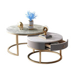 Casaconer | テーブル・ローテーブル・ネストテーブル・センターテーブル・丸・2個セット・セラミックテーブル・入れ子式・幅60cm・幅45cm・グレー・リビングテーブル・コーヒーテーブル・サイドテーブル・座卓・収納付・引出付・大理石調・丸・円形・鏡面