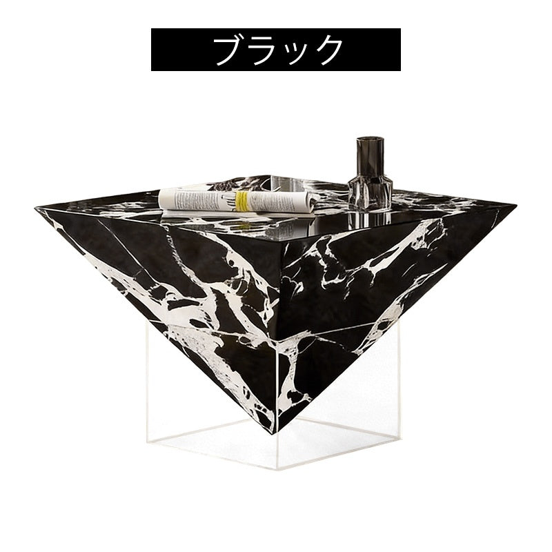 センターテーブル 幅50cm イタリアンモダン セラミック風 大理石調デザイン アクリル台座 造形美ローテーブル インテリア ブラック／ホワイト おしゃれ 高級感