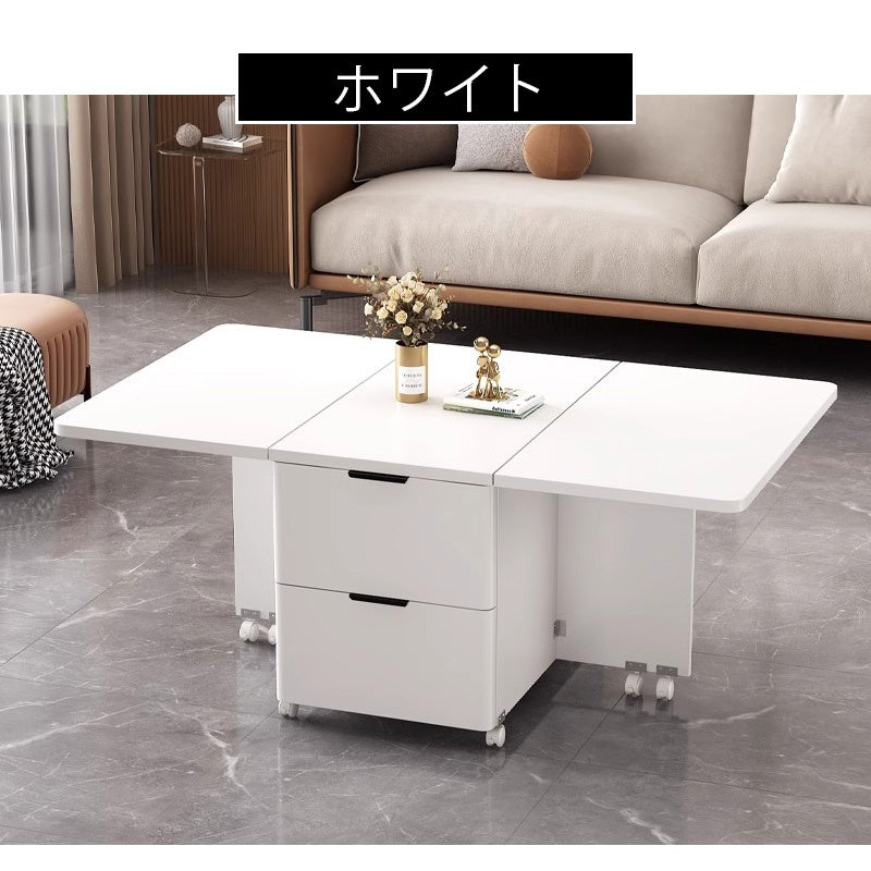 Casaconer | バタフライテーブル・折りたたみ・ダイニングテーブル・幅100cm/120cm・収納付き・キャスター付き・引き出し付き・作業台・昇降なし・折り畳みテーブル・多機能テーブル・キッチンワゴン・ワークデスク・ベージュ（大理石柄）/ホワイト