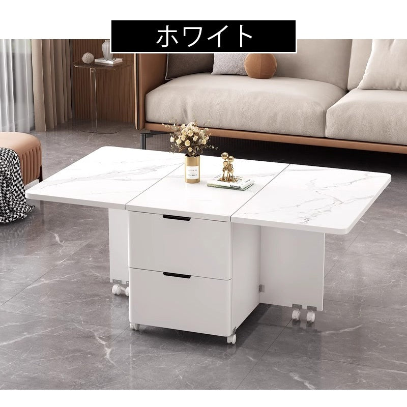 Casaconer | バタフライテーブル・折りたたみ・ダイニングテーブル・幅100cm/120cm・収納付き・キャスター付き・引き出し付き・作業台・昇降なし・折り畳みテーブル・多機能テーブル・キッチンワゴン・ワークデスク・ベージュ（大理石柄）/ホワイト