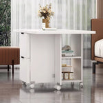 Casaconer | バタフライテーブル・折りたたみ・ダイニングテーブル・幅100cm/120cm・収納付き・キャスター付き・引き出し付き・作業台・昇降なし・折り畳みテーブル・多機能テーブル・キッチンワゴン・ワークデスク・ベージュ（大理石柄）/ホワイト